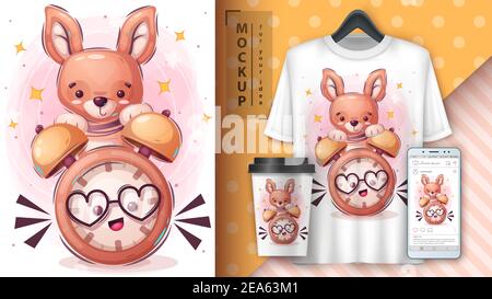 Kangaroo with clock poster and merchandising Stock Vector
