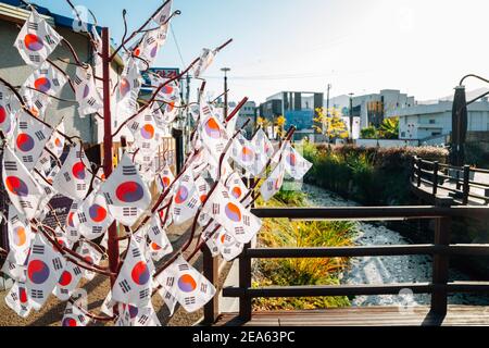 Korean national flag Taegeukgi at Haecheon Hangil movement theme street in Miryang, Korea Stock Photo