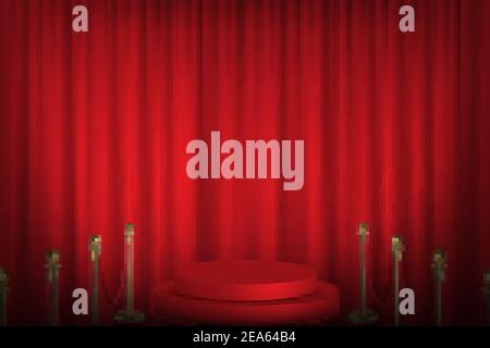 Red podium with stanchions leading, curtain in background. Award hall of fame vector illustration. Hollywood movies ceremony event. Realistic scene wi Stock Vector