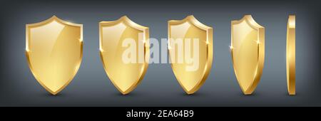 Shields with reflection in shiny gold frames set. Collection of military armor in front, side view isolated on white background. Vector illustration o Stock Vector