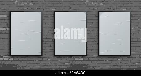 White vertical glued blank billboards on brick wall background. Wet wrinkled realistic paper sheets. Street or wall posters with crumpled texture. Vec Stock Vector