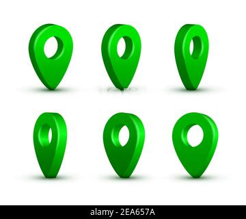 Shiny green realistic map pins set. Vector 3d pointers isolated on white background. Location symbols in various angles. Stock Vector