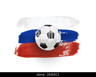 Brush painted national flag of Russia with soccer ball. Hand drawn effect in grunge style banner isolated on white background. Vector illustration of Stock Vector