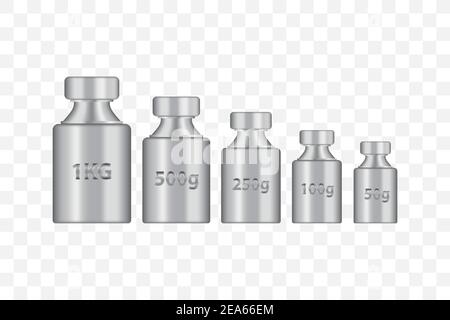 Kg weight mass silver chrome metal realistic vector set. Old press collection in realistic design. Steel plummet isolated on white background. Weight Stock Vector