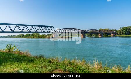 Rheinbruecke (Bridge over the Rhine) Wintersdorf, Baden-Wuerttemberg, Germany Stock Photo