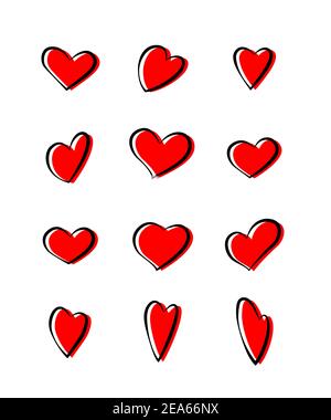 Red and black hearts vector illustrations set. Different abstract romantic icons pack. Romance, valentine holiday celebration symbols. Wedding invitat Stock Vector