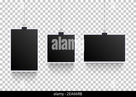 Blank photoframes hanging with pins on cords set. Realistic retro art collection vector illustration. Black photo template with white frames on thread Stock Vector