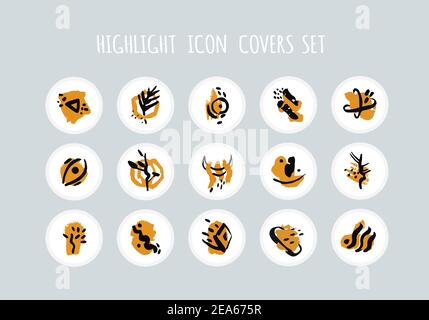 Highlight story icons set. Abstract highlight cover. Hand drawn doodle shapes set with bold stroke line. Contemporary boho style. Vector illustration. Stock Vector