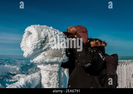 snowy and icy telescope on the Zugspitze, Germany. Stock Photo