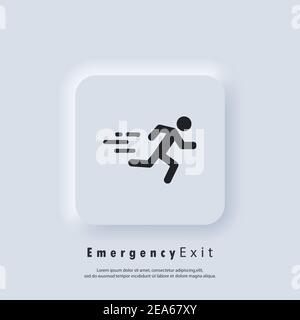 Emergency exit icon. Fire door, safe way, escape. Fire exit. Vector. Neumorphic UI UX white user interface web button. Neumorphism Stock Vector