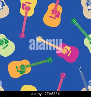 Acoustic guitar vector seamless pattern background. Vibrant tropical color musical string instrument backdrop. Orange, pink, blue scattered icons Stock Vector