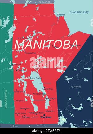 Manitoba province vector editable map of the Canada with capital, national borders, cities and towns, rivers and lakes. Vector EPS-10 file Stock Vector