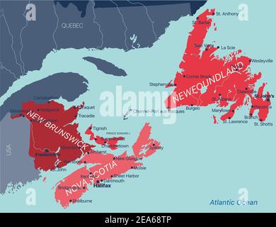 Vector color editable map of Atlantic provinces of Canada New Brunswick, Nova Scotia, Prince Edward Island and province of Newfoundland with capitals, Stock Vector