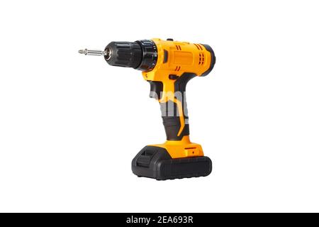 Black and orange screwdriver on a white background, close up, isolated. Household tools. Stock Photo