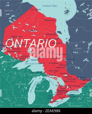 Ontario province vector editable map of the Canada with capital, national borders, cities and towns, rivers and lakes. Vector EPS-10 file Stock Vector