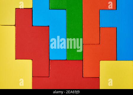 Different wooden blocks background. Concept of logical thinking and education. Colorful geometric shapes cubes Stock Photo