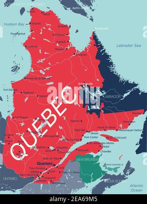 Quebec province vector editable map of the Canada with capital, national borders, cities and towns, rivers and lakes. Vector EPS-10 file Stock Vector