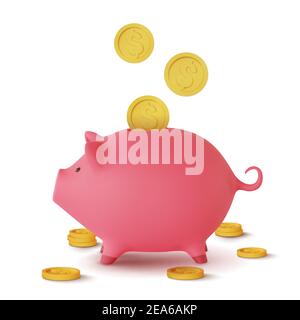 3d realistic moneybox in the form of a pig and coins falling, isolated on white background, vector illustration Stock Vector