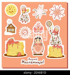 Shrovetide stickers. Russian spring holiday. Spring meeting. Maslenitsa week. Inscription in Russian: delicious Maslenitsa Stock Vector