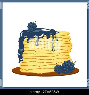 Pancakes. Blackberry jam. Maslenitsa week. Spring festival meeting. Pancakes glazed on white plate. Vector illustration. Stock Vector