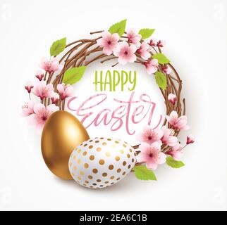 Happy Easter greeting background with realistic Easter eggs in a wreath with spring flowers. Vector illustration
