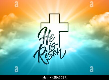 He was resurrected lettering against a background of clouds and sun. Background for congratulations on the Resurrection of Christ. Vector illustration Stock Vector