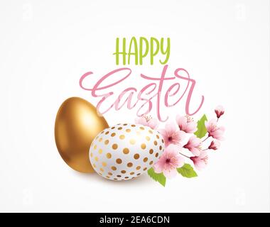 Happy easter greeting background with realistic easter eggs and spring flowers. Vector illustration Stock Vector