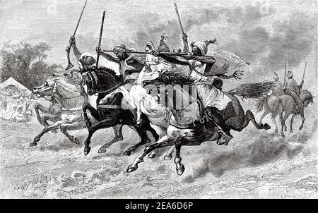 The Moroccan tradition of Fantasia. Lab al baroud. Unpowder game or Tbourida, is a stylized reenactment of a wartime cavalry charge, a celebration of the region's history and of the bond between horse and rider. Morocco, North Africa. Old 19th century engraved illustration from El Mundo Ilustrado 1879 Stock Photo