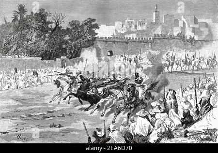 The Moroccan tradition of Fantasia. Lab al baroud. Unpowder game or Tbourida, is a stylized reenactment of a wartime cavalry charge, a celebration of the region's history and of the bond between horse and rider. Morocco, North Africa. Old 19th century engraved illustration from El Mundo Ilustrado 1879 Stock Photo