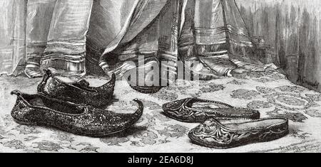Traditional Arabic shoes. Ancient Egypt History. Old 19th century engraved illustration from El Mundo Ilustrado 1879 Stock Photo