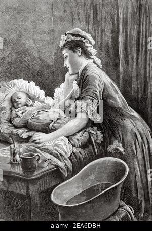 Illustration of mother taking care of child Stock Photo - Alamy