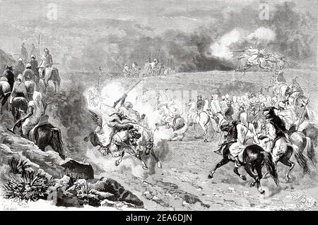 The Moroccan tradition of Fantasia. Lab al baroud. Uunpowder game or Tbourida, is a stylized reenactment of a wartime cavalry charge, a celebration of the region's history and of the bond between horse and rider. Morocco, North Africa. Old 19th century engraved illustration from El Mundo Ilustrado 1879 Stock Photo