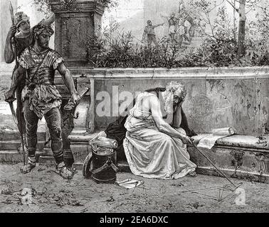 The Death of Archimedes, killed by a Roman soldier during the assault on Syracuse, Ancient greek history. Old 19th century engraved illustration from El Mundo Ilustrado 1879 Stock Photo