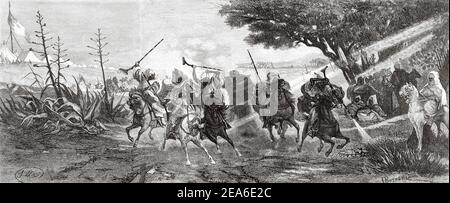 The Moroccan tradition of Fantasia. Lab al baroud. Uunpowder game or Tbourida, is a stylized reenactment of a wartime cavalry charge, a celebration of the region's history and of the bond between horse and rider. Morocco, North Africa. Old 19th century engraved illustration from El Mundo Ilustrado 1879 Stock Photo