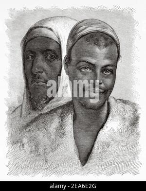 Portrait of egyptian fellah and Bedouin from Sinai peninsula. Ancient Egypt History. Old 19th century engraved illustration from El Mundo Ilustrado 1879 Stock Photo