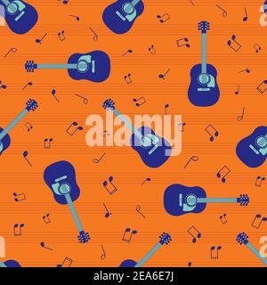 Acoustic guitar and music notes vector seamless pattern background. String instrument and annotation backdrop with musical staff horizontal lines Stock Vector