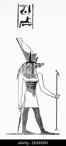 Anubis the god associated with mummification and the afterlife in ancient Egyptian religion. Depicted as a man with a canine head. Ancient Egypt History. Old 19th century engraved illustration from El Mundo Ilustrado 1879 Stock Photo