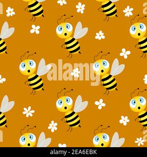 Seamless pattern with bees and flowers on brown background. Vector illustration. Adorable cartoon character. Template design for invitation, cards Stock Vector