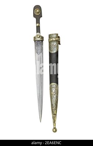 The beautiful example of the dagger of the Caucasian Cossack troops (model 1904 year) with cartouche on the both sides. Stock Photo