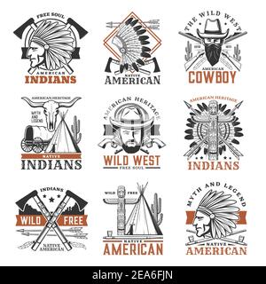 Wild west cowboy, american indians icons. Indian warrior in war bonnet, cowboy bandit in mask and totem pole, tipi, smoking pipe and bull scull, cross Stock Vector