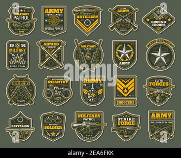 Army special forces, military specialists badges set. Artillery, snipers and infantry patrol emblems with service rifle, machine gun and rocket launch Stock Vector
