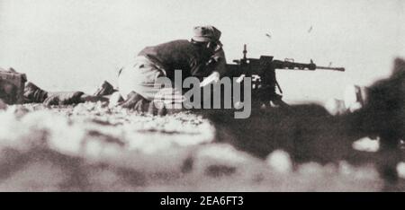 The Italian Army machine-gunners are firing at the enemy from the 8-mm FIAT-Revelli M1914/35 machine gun in the Battle of Cyrenaica (Libya). Libya, No Stock Photo