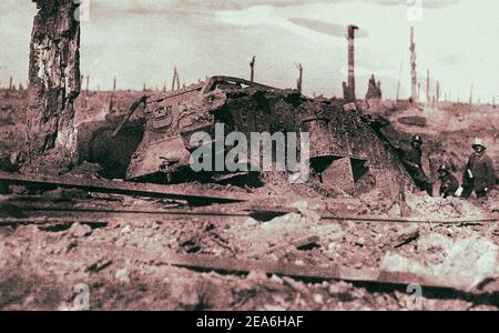 British MkIV “Bear” tank, abandoned after battle near Inverness Copse, on August 22 , 1917. Stock Photo