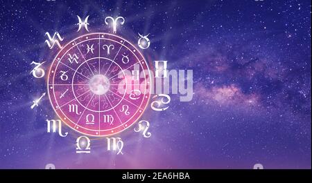 Astrological zodiac signs inside of horoscope circle. Astrology, knowledge of stars in the sky over the milky way and moon. The power of the universe. Stock Photo