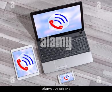 Hotline concept shown on different information technology devices Stock Photo