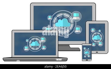 Cloud computing concept shown on different information technology devices Stock Photo