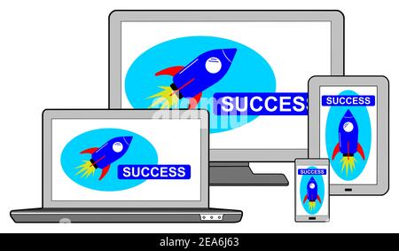 Success concept on different devices, isolated on white Stock Photo
