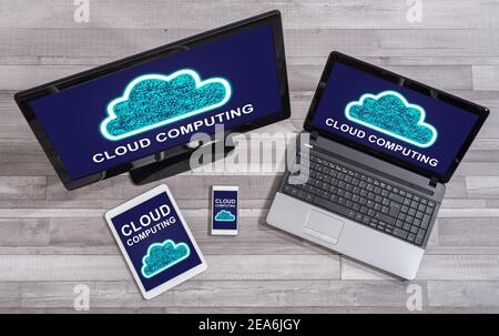 Cloud computing concept shown on different information technology devices Stock Photo
