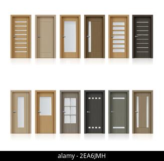 Interior doors isolated vector realistic design elements for room or office decoration, 3d wooden brown doorways with metal doorknobs and glass window Stock Vector