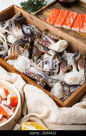 Fresh blue swimming crab Horse crab, Blue crab, Flower crab claws set, on white background Stock Photo